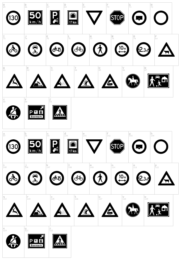 Traffic Signs TFB font map